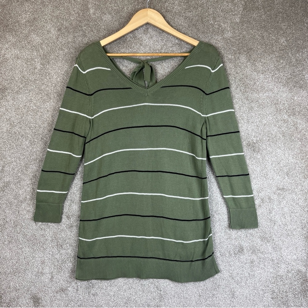 Talbots Sweater Womens Small Green Stripe Cotton Tunic V Neck Tie Back- 9199*